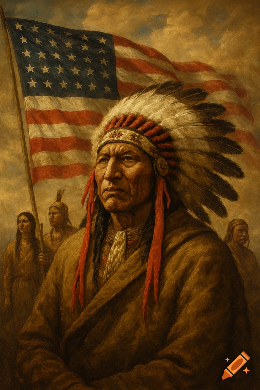 Portrait of a Native American man in headdress before an American flag, with figures behind him, in a painterly style.
