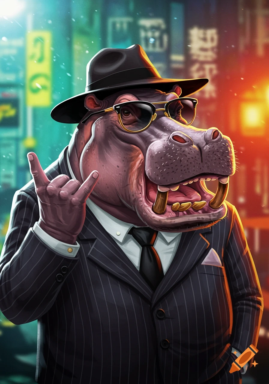 A cartoon hippo in a pinstripe suit and hat gives the rock and roll sign in a stylized city.