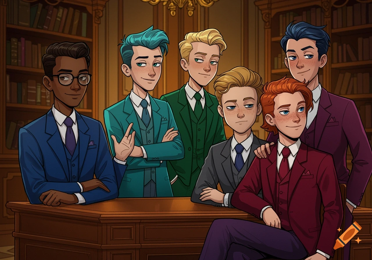 Five cartoon young men in suits in a library.