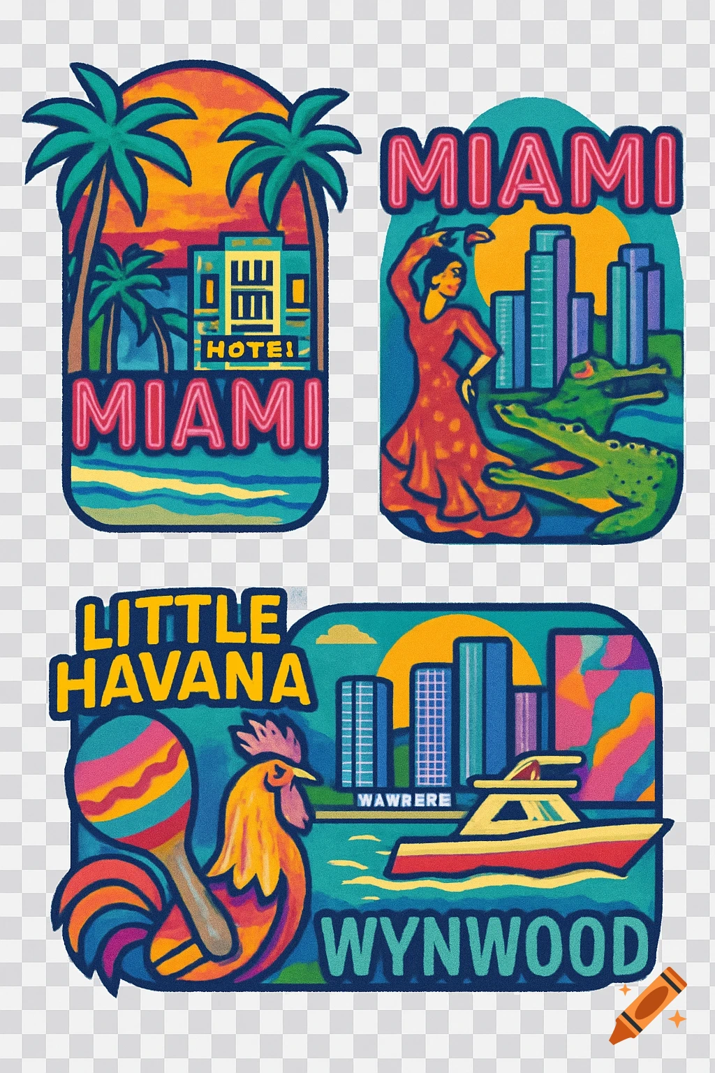 Three retro illustrations of Miami scenes with text: a hotel, palm trees, and MIAMI; a dancer, alligator, skyscrapers, and MIAMI; a rooster, maraca, boat, skyscrapers, LITTLE HAVANA, and WYNWOOD.