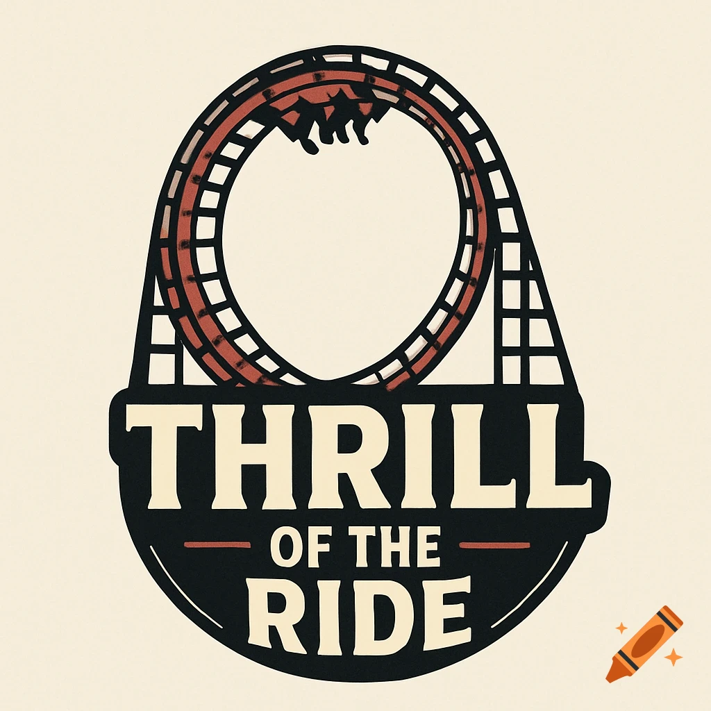 Logo for "Thrill of the Ride" with a rollercoaster loop and upside-down train.