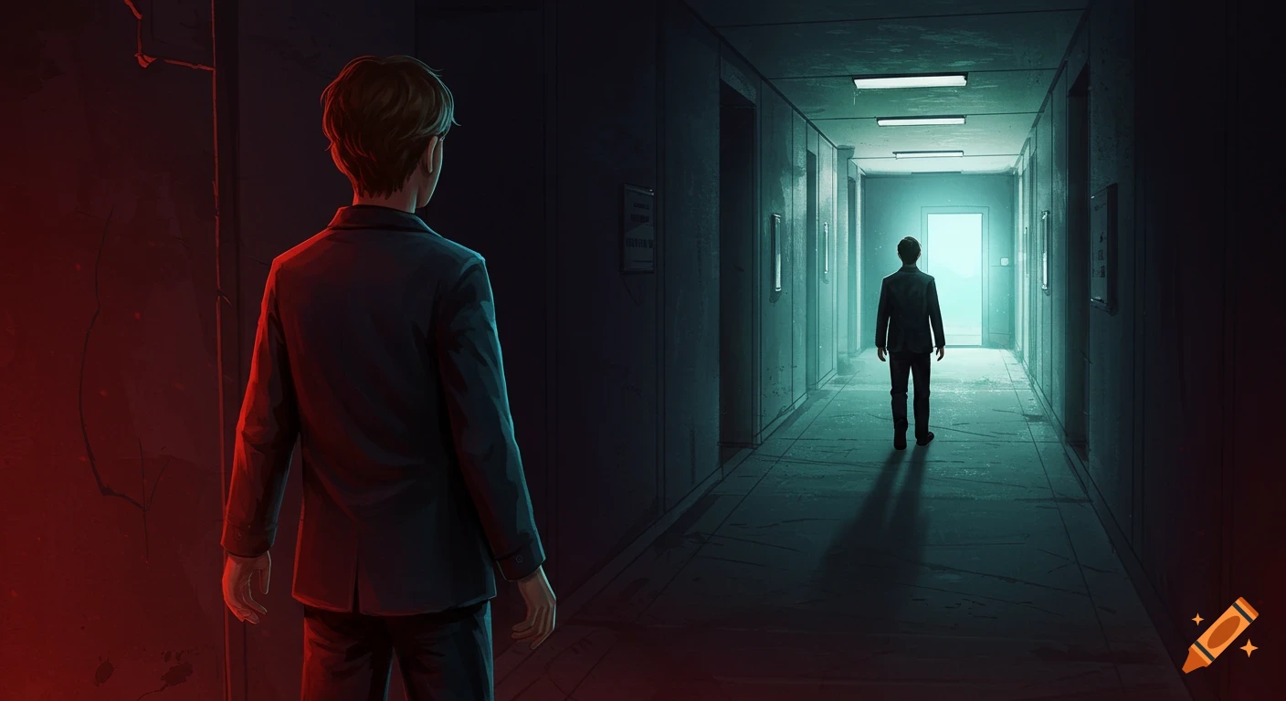 Two figures in suits stand in a long, dark corridor, one looking towards the other at the glowing far end. Illustration.