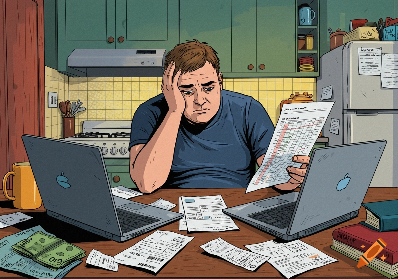 Stressed man at a kitchen table surrounded by bills and laptops, illustration style.