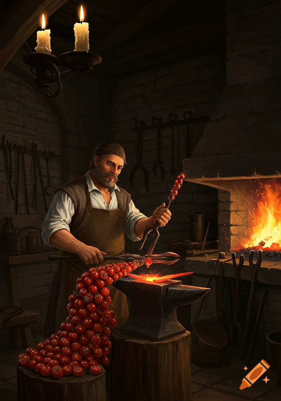 A blacksmith forges tomatoes in a dimly lit workshop with a glowing forge and candles.
