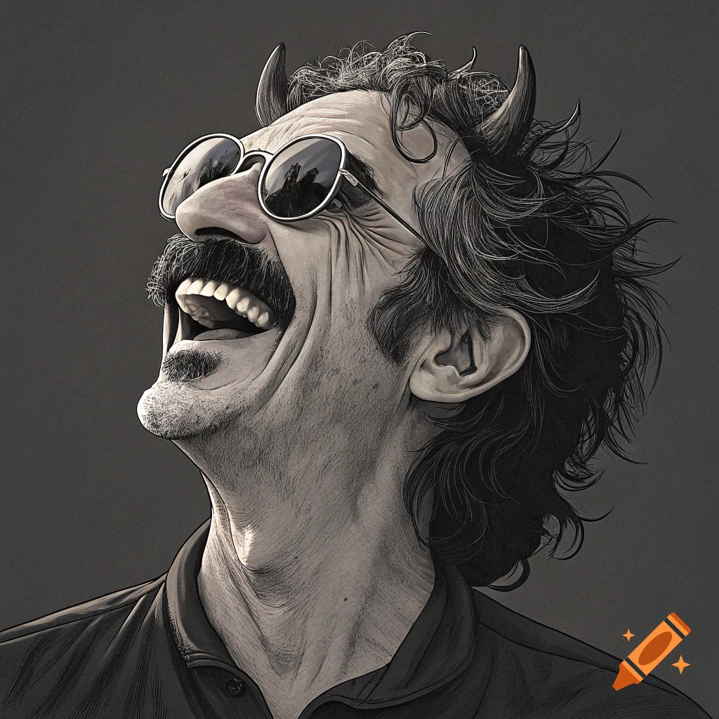 Graphic novel style portrait of a laughing man with mustache, goatee, sunglasses, and small horns.