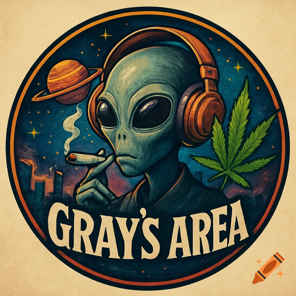 Circular logo of an alien with headphones smoking next to a marijuana leaf, planet, and city skyline. Text reads 'GRAY'S AREA'.