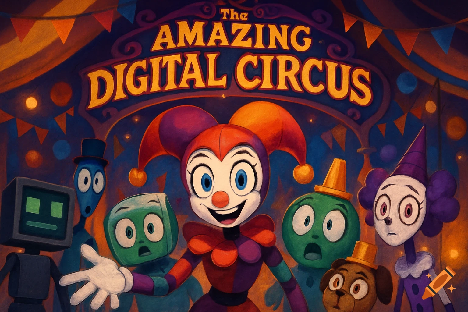 Cartoon characters from The Amazing Digital Circus under the show's title banner in a circus tent. Textured art style.