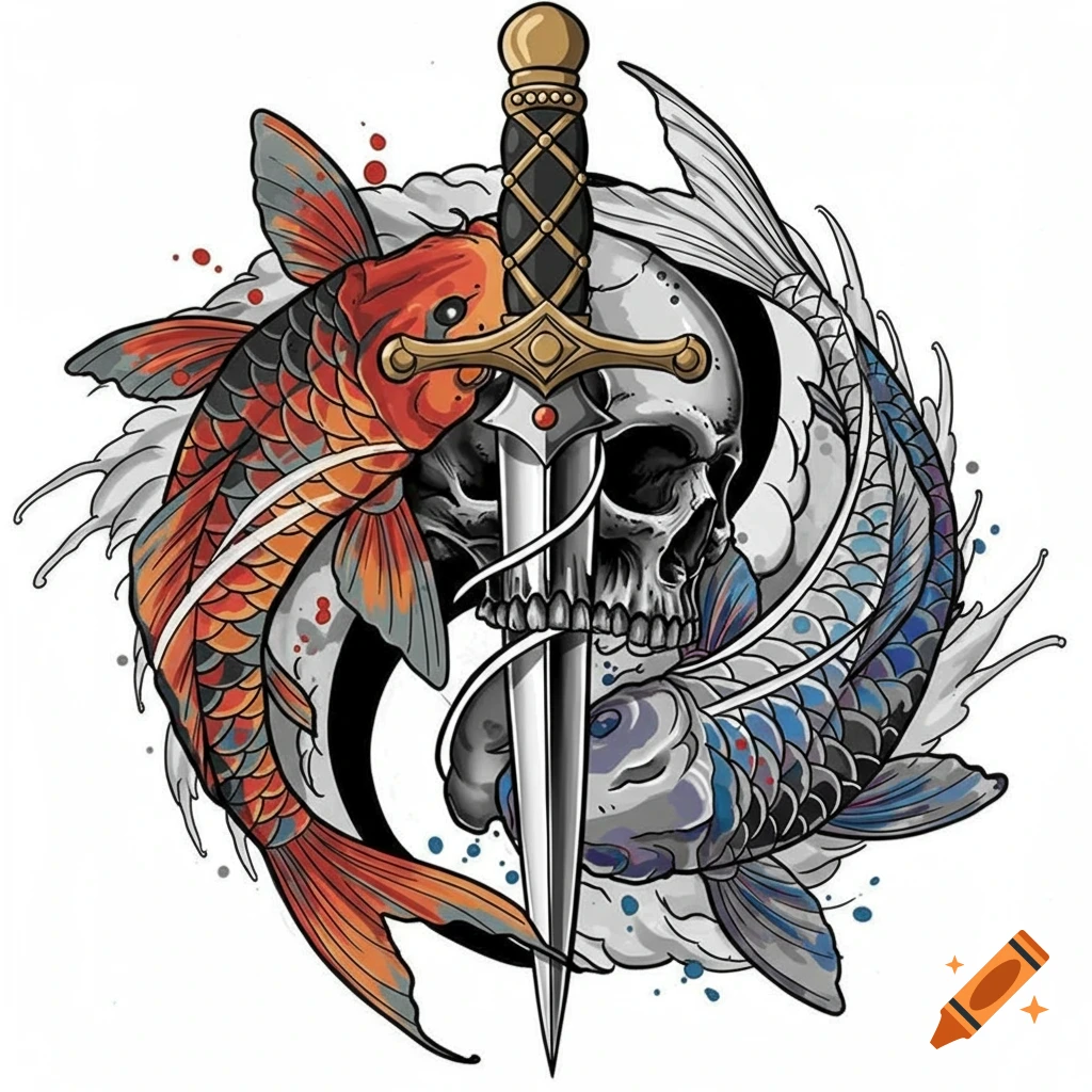 A stylized tattoo design of a skull pierced by a dagger, wrapped by two koi fish in a yin-yang arrangement.