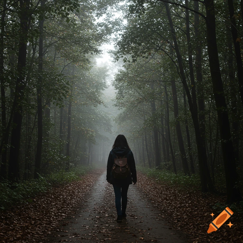 A person walks away down a misty path in a dark forest. on Craiyon