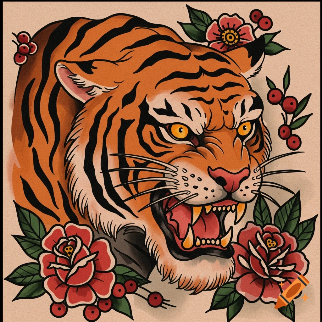 An American traditional tattoo style illustration of a tiger's head surrounded by roses and berries.