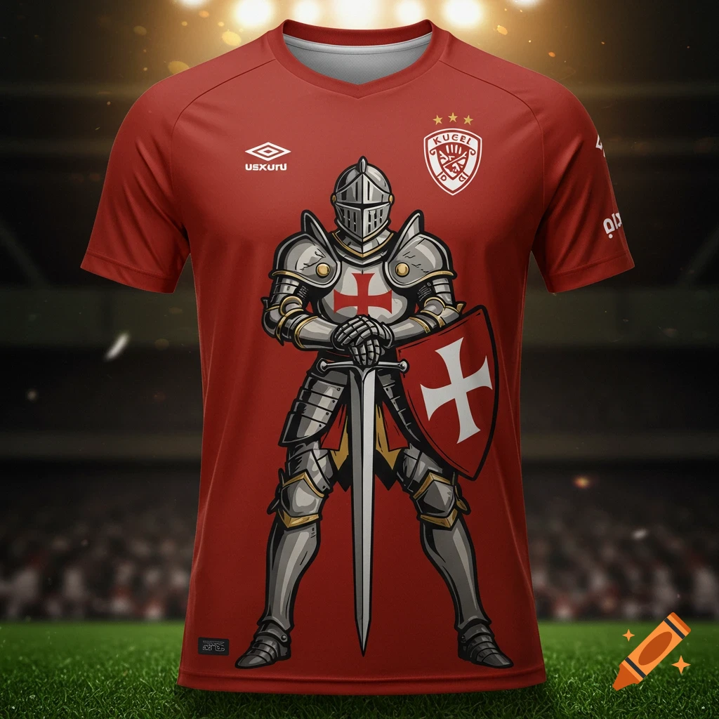 A red football shirt with a knight illustration on the front.