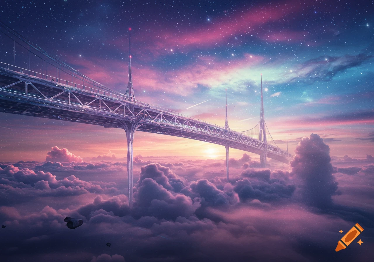 Futuristic bridge spanning over purple and pink clouds under a starry sky at sunset.