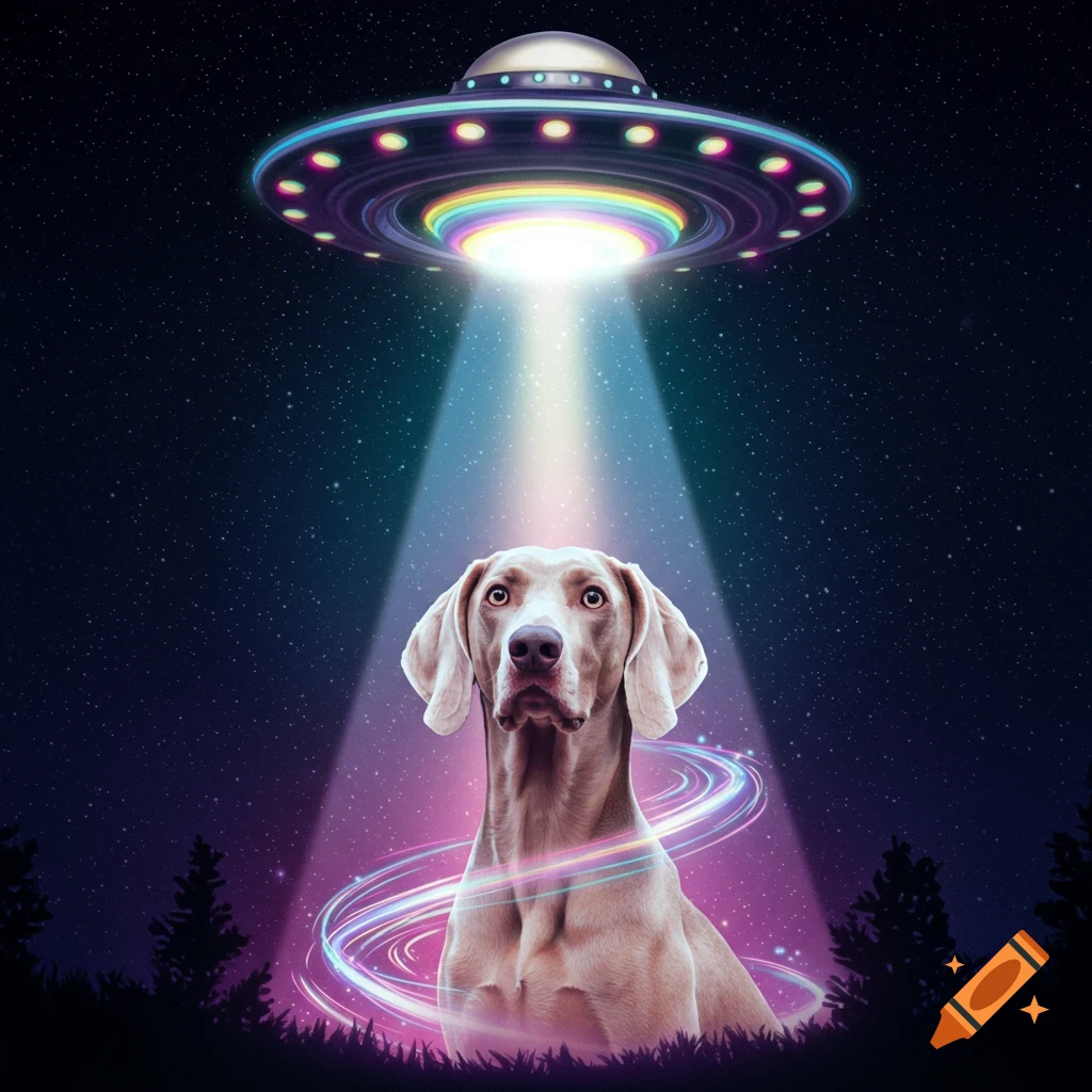 A Weimaraner dog is illuminated by a beam from a UFO in a starry night sky.