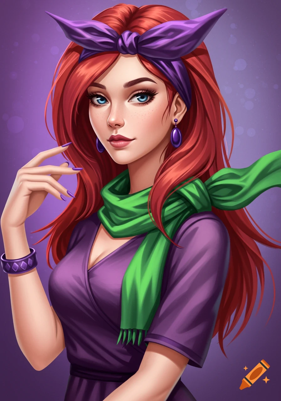 Stylized portrait of a red-haired woman with purple headband and green scarf.