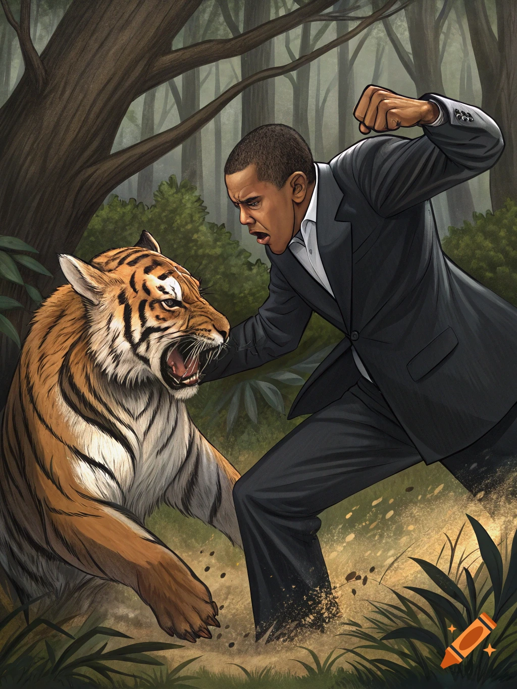 Barack Obama fighting a tiger in a jungle illustration