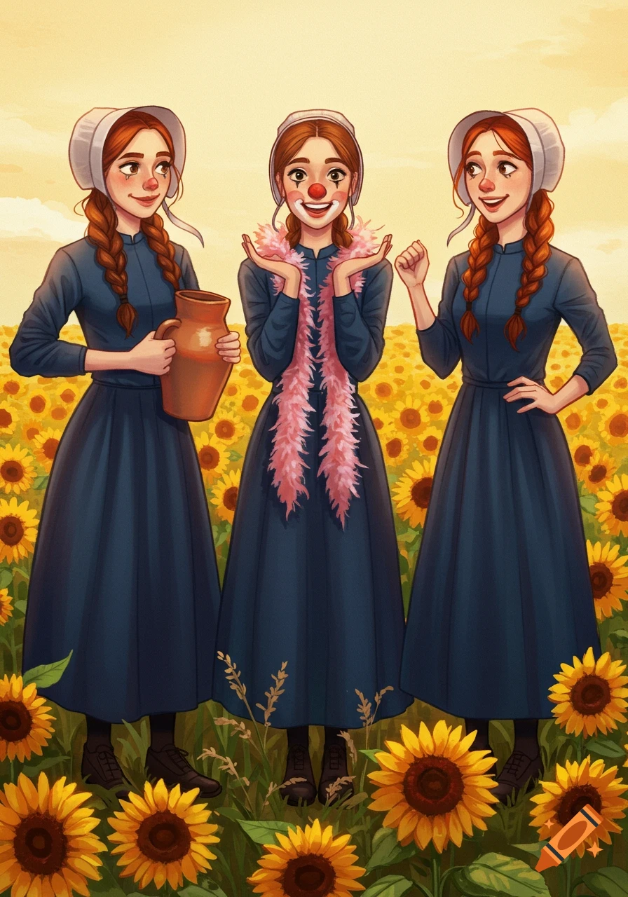 Three illustrated women, one dressed as a clown, standing in a field of sunflowers.