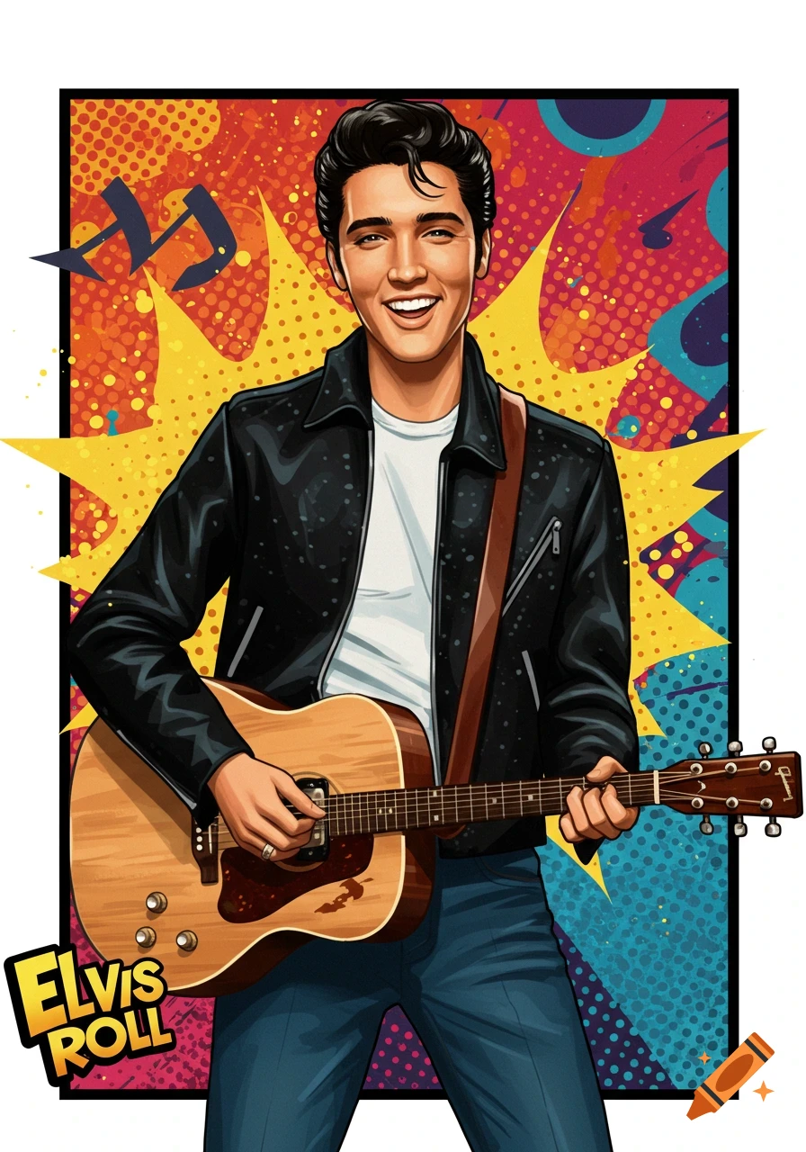 Illustration of a smiling man resembling Elvis Presley playing an acoustic guitar against a colorful pop art background.