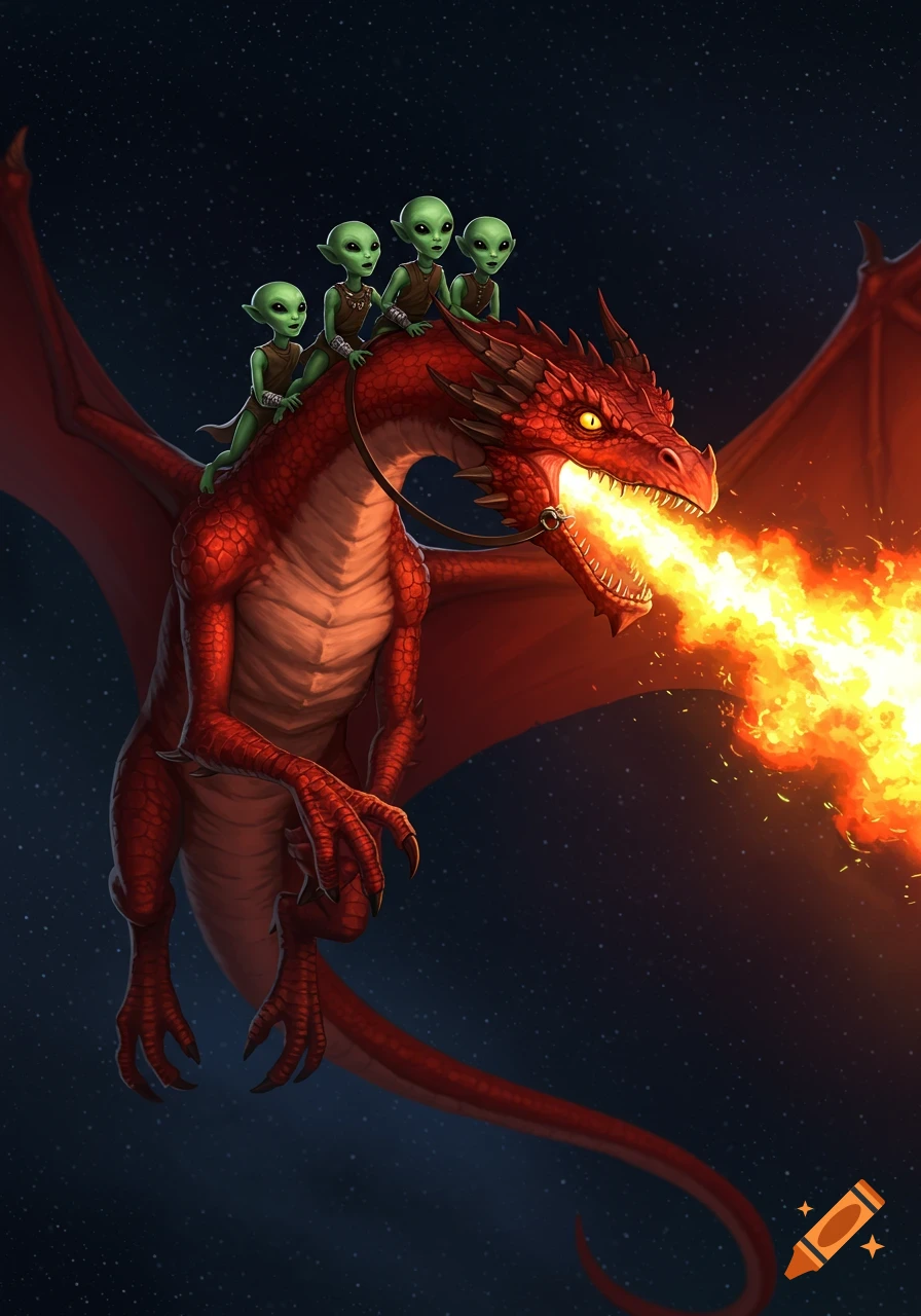 Red dragon flying in space with four green aliens riding on its back, breathing fire