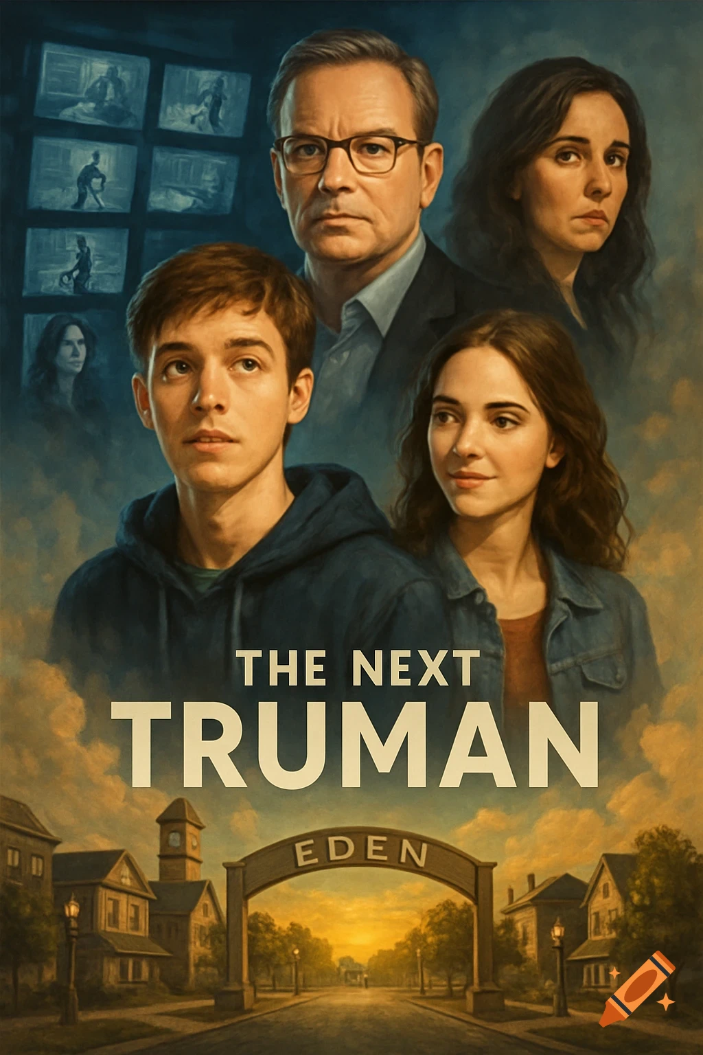 Movie poster featuring portraits of a teenage boy, girl, and two adults above a town scene with text 'THE NEXT TRUMAN' and 'EDEN'. Painted style.
