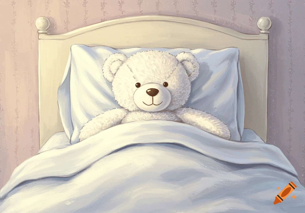 An illustration of a fluffy white teddy bear lying in a bed under white covers.