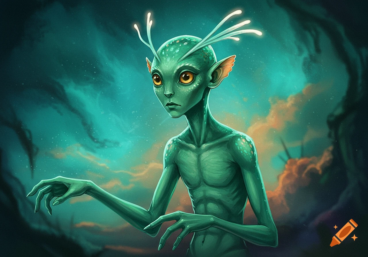 A skinny green alien creature with large orange eyes and glowing head stalks stands in a dark, misty environment.