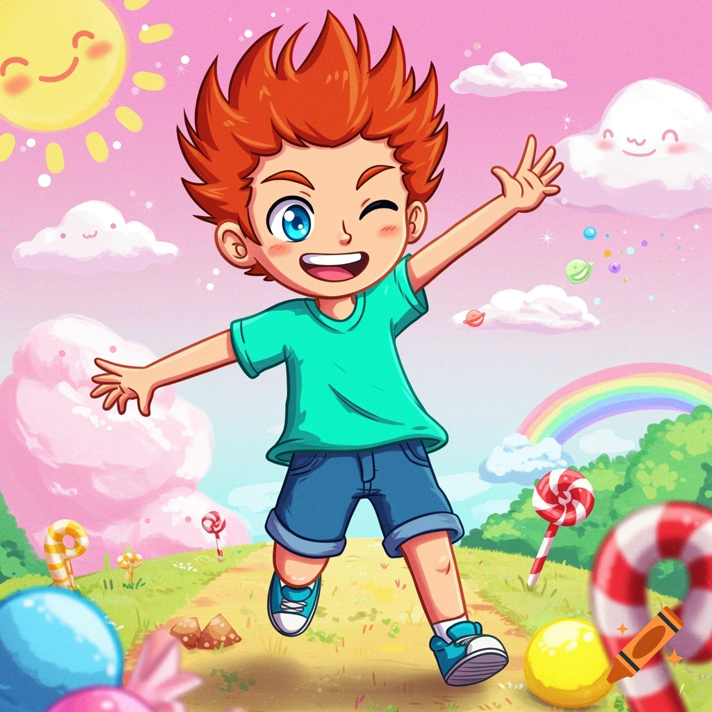 Cartoon boy winking and running in a bright fantasy landscape with giant candies, rainbow, and smiling sun.