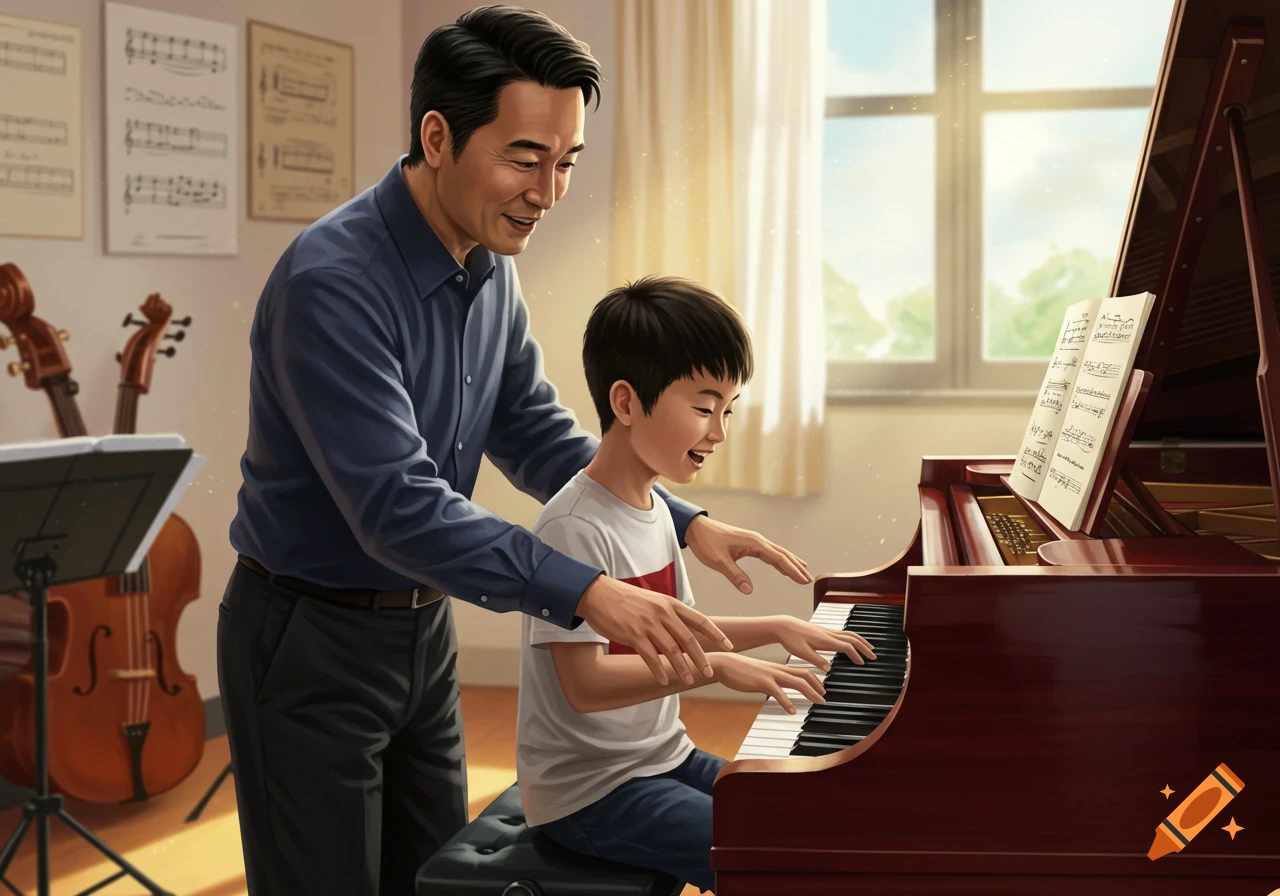An Asian music teacher helps a student play the piano in a room with ...