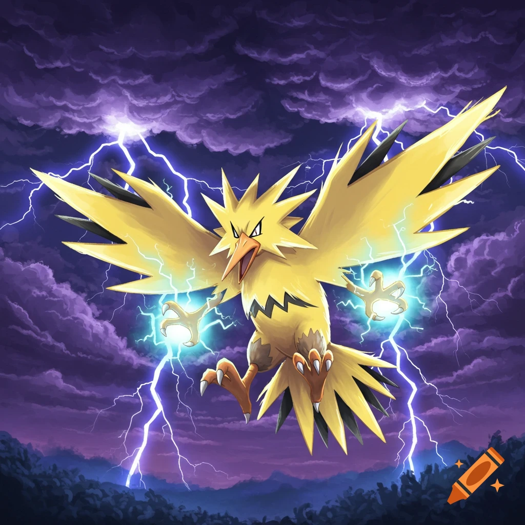 Zapdos flies through a stormy sky with lightning and thunderclouds, generating electricity in its hands.