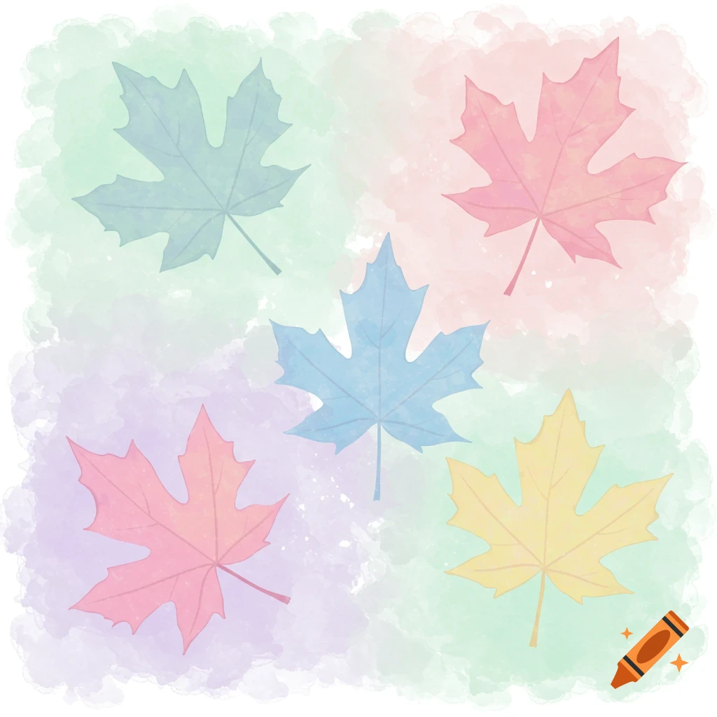 Five pastel watercolor maple leaves on a colorful watercolor background.