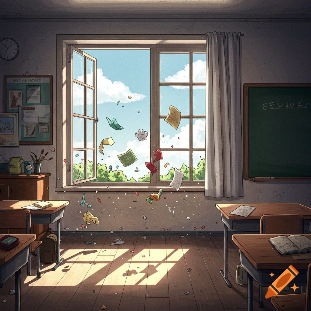 An illustration of a classroom with papers flying out an open window.