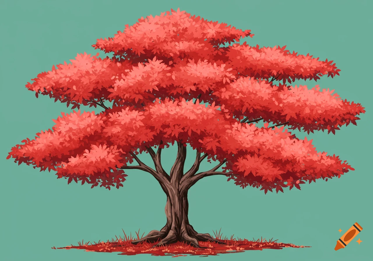 A stylized Japanese maple tree with red leaves against a teal background.