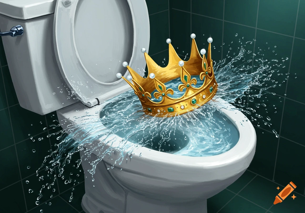 A golden crown splashes into a toilet bowl