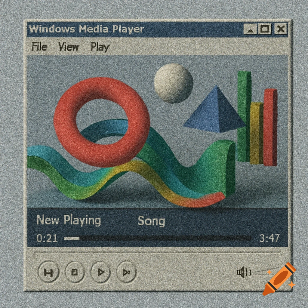 A grainy 3D render of a Windows Media Player interface with abstract shapes floating behind the window.