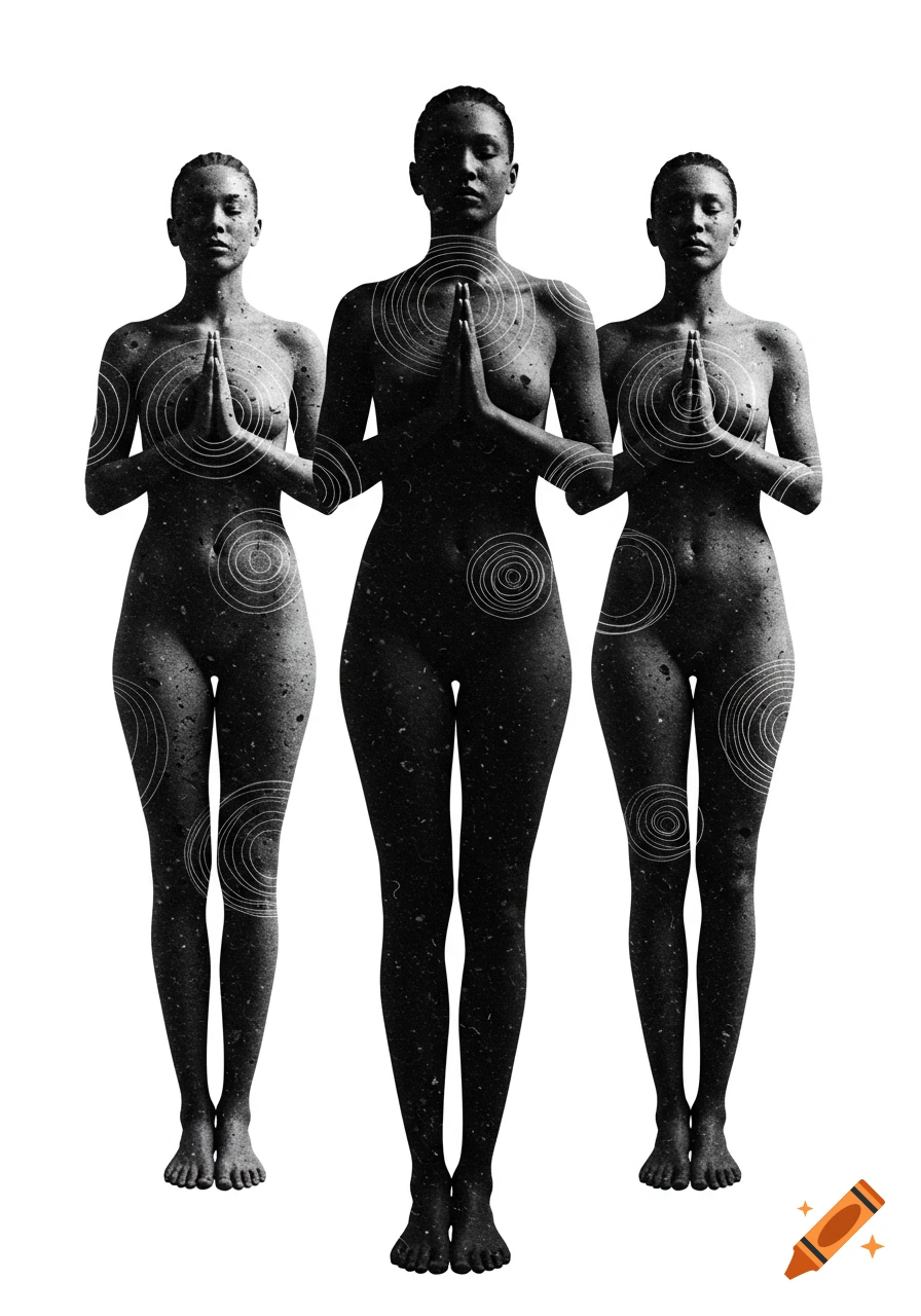 Three black and white abstract figures in prayer pose with circular patterns