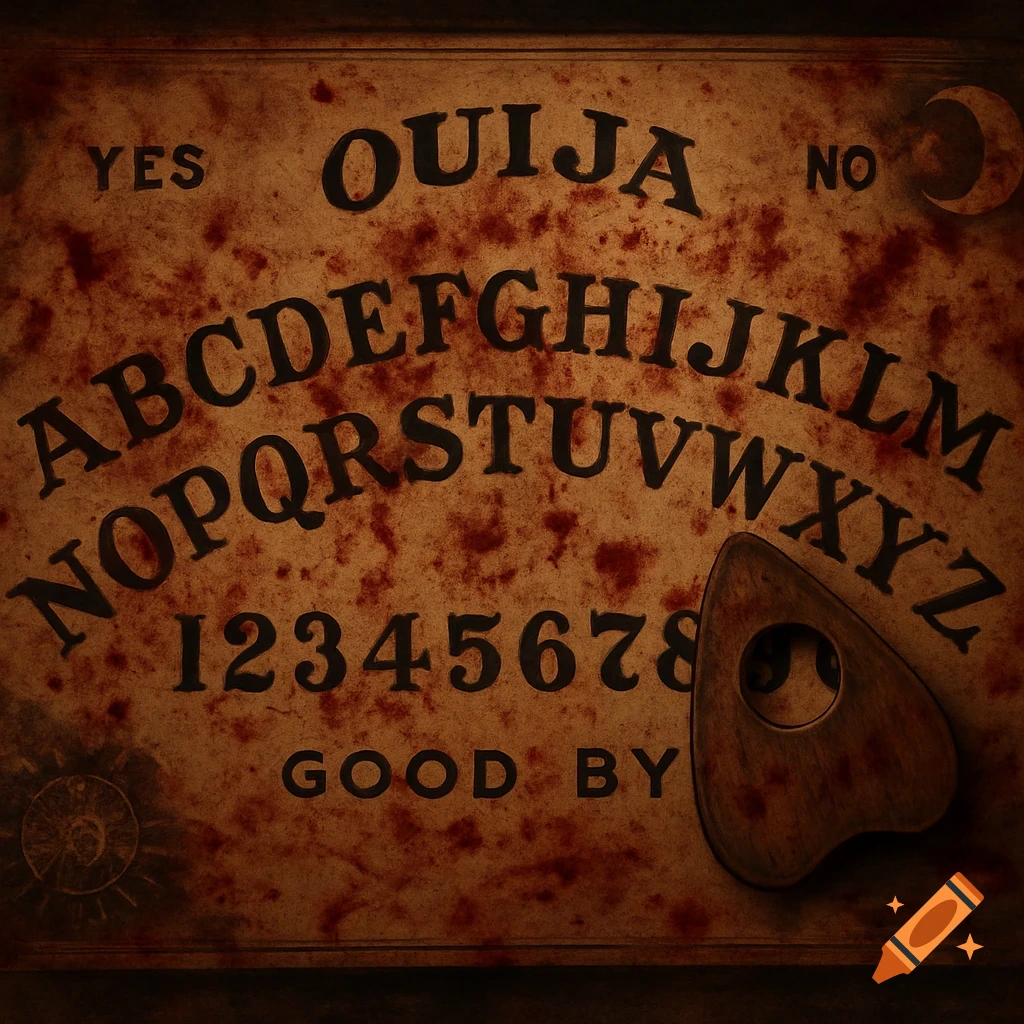 Close-up of a Ouija board with blood splatters and a planchette.