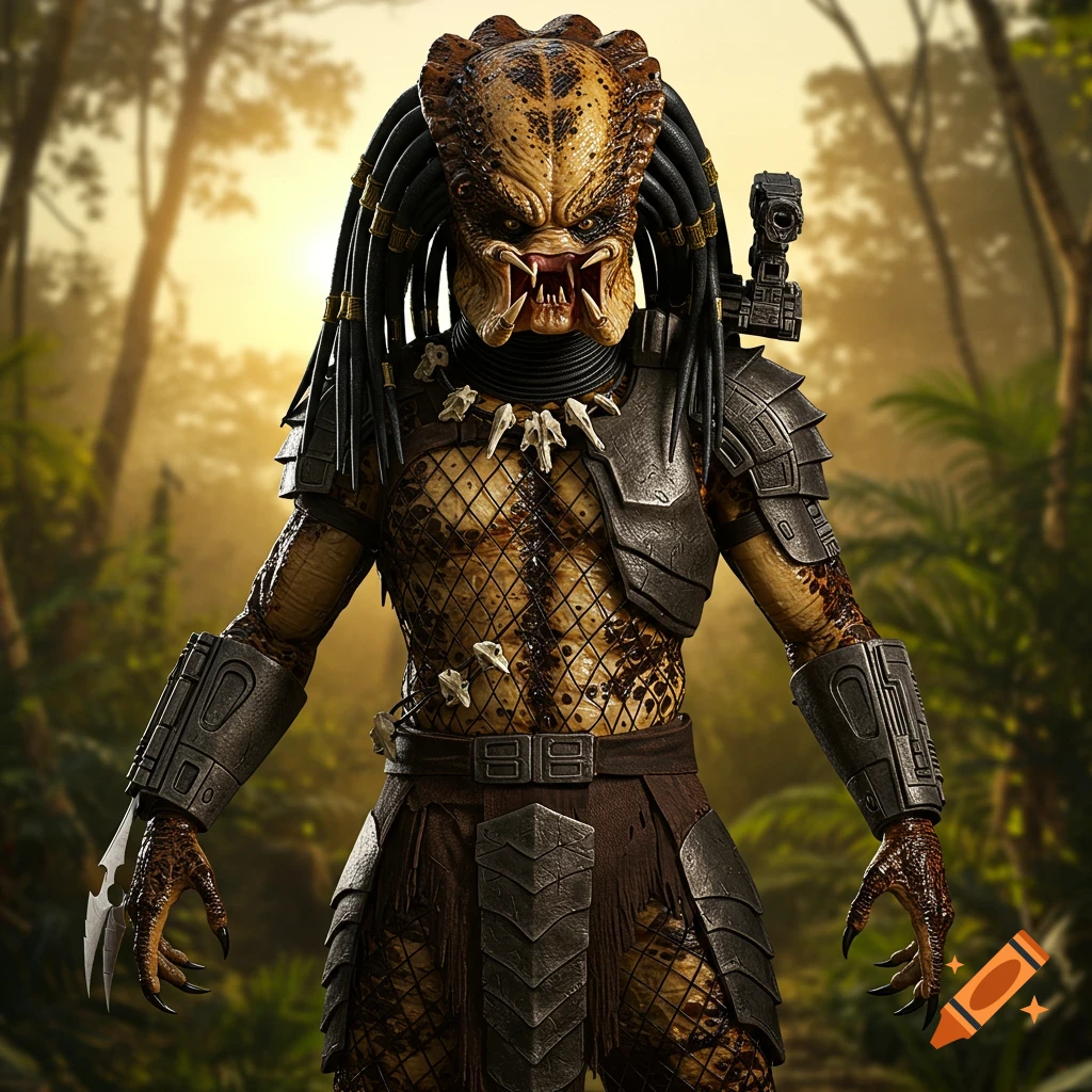 Photorealistic Predator in jungle wearing armor