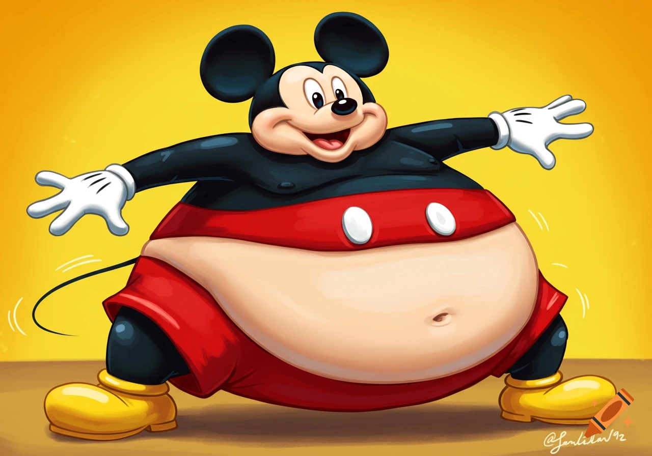 A very fat Mickey Mouse poses with outstretched arms.