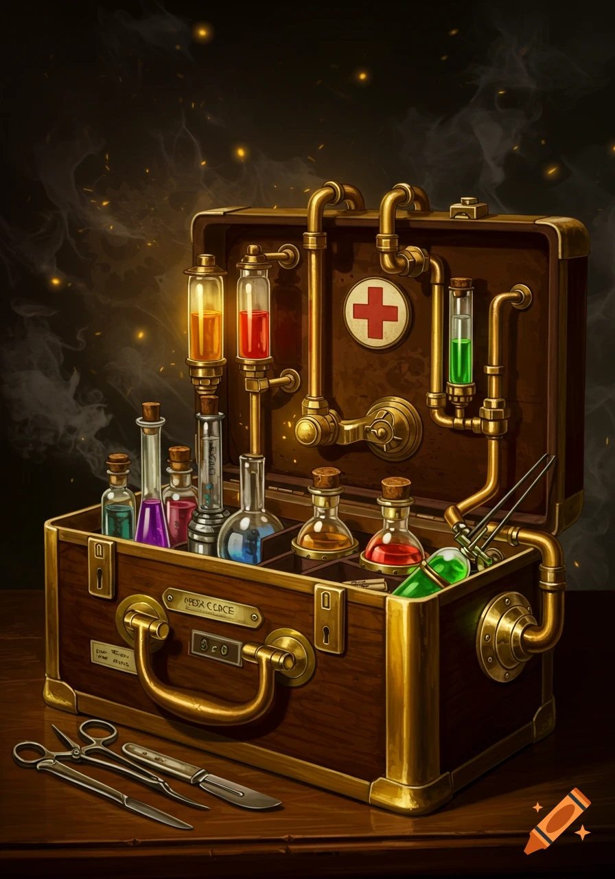 A steampunk Victorian medical case filled with bottles and instruments.