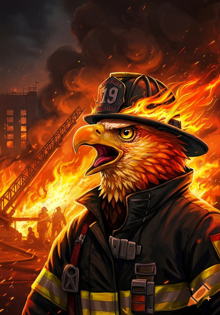 Illustration of a screaming eagle wearing a firefighter helmet and jacket, standing in front of a burning building with fire and smoke.