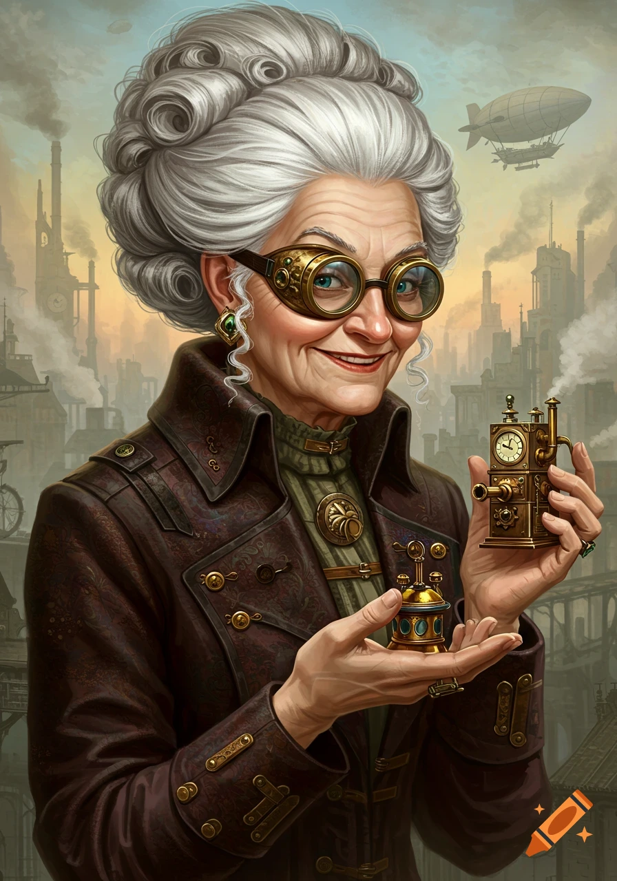Steampunk old woman in goggles and coat holds small devices in front of a city and airship.