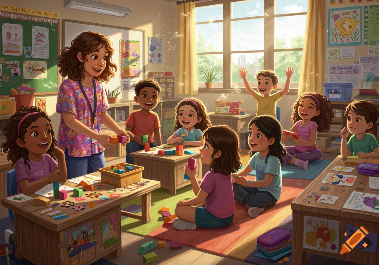 Illustrated scene of a teacher with young students playing with blocks in a bright classroom.