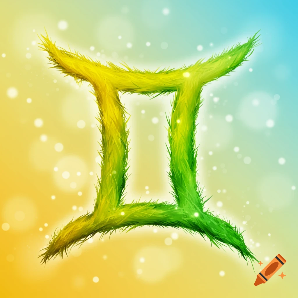 Fuzzy green and yellow Gemini zodiac symbol on a blurred background with bokeh lights.