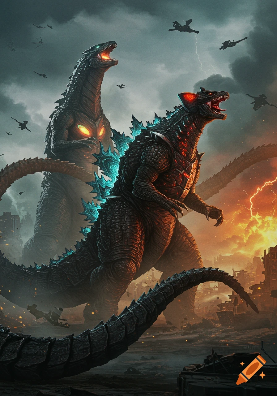 Two giant Kaiju monsters roar in a destroyed city under a stormy sky with lightning.