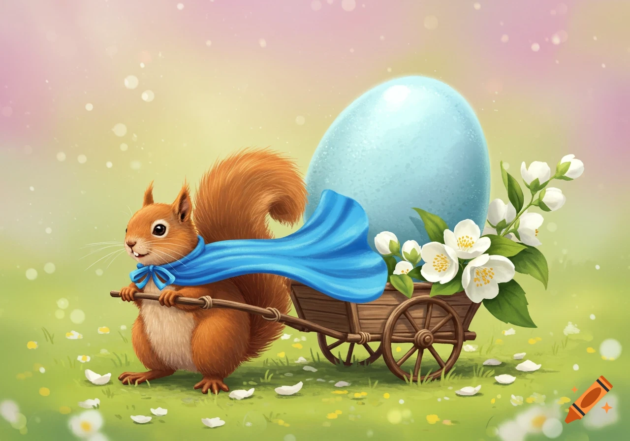 A cute squirrel in a blue cape pulls a cart carrying a large blue Easter egg and white flowers through a spring meadow.