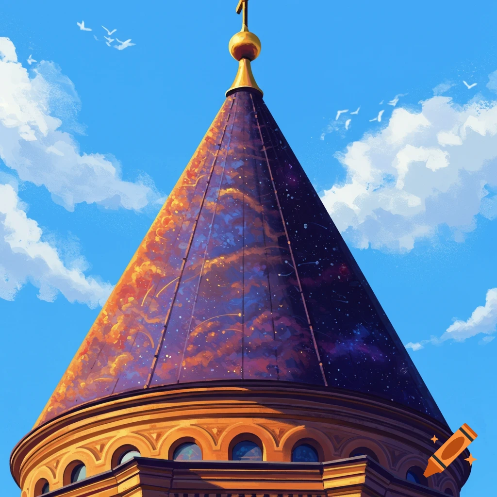 Digital painting of a cone-shaped church dome with a cross against a blue sky with clouds and birds.