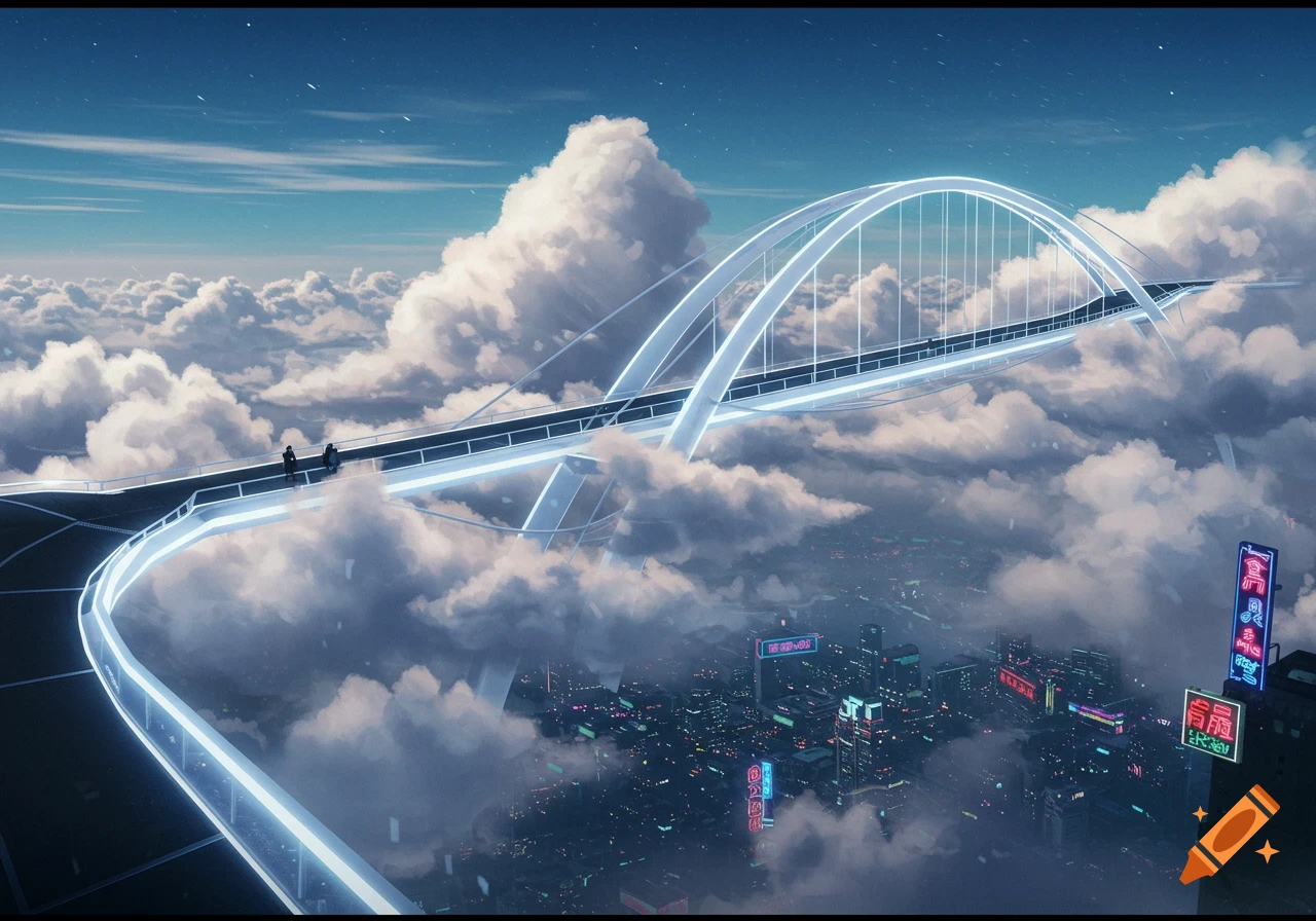 A futuristic bridge extends over clouds above a city at night under a starry sky.