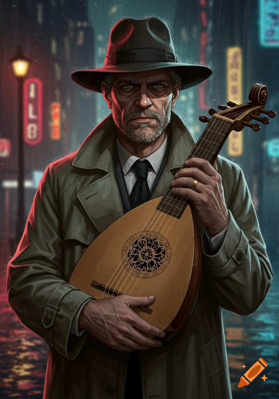 A man in a fedora and trench coat holds a lute on a rainy city street at night.