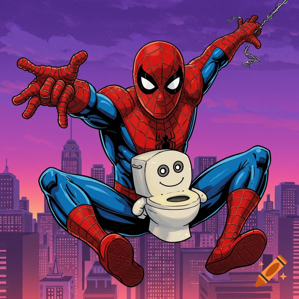 Comic book style illustration of Spider-Man crouching above a city skyline, holding a small, smiling toy toilet.