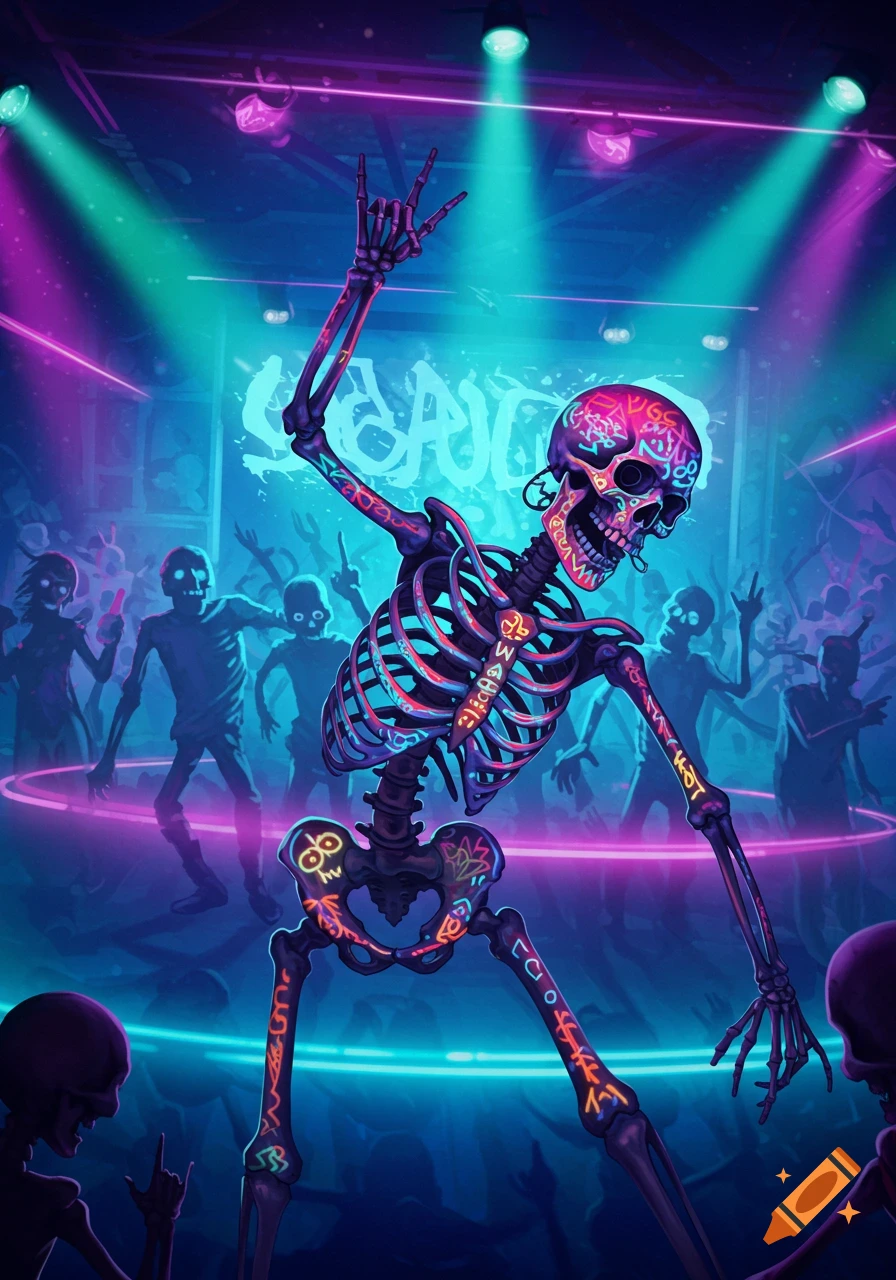 A neon-lit skeleton dances at a rave, with other skeletons silhouetted in the background.