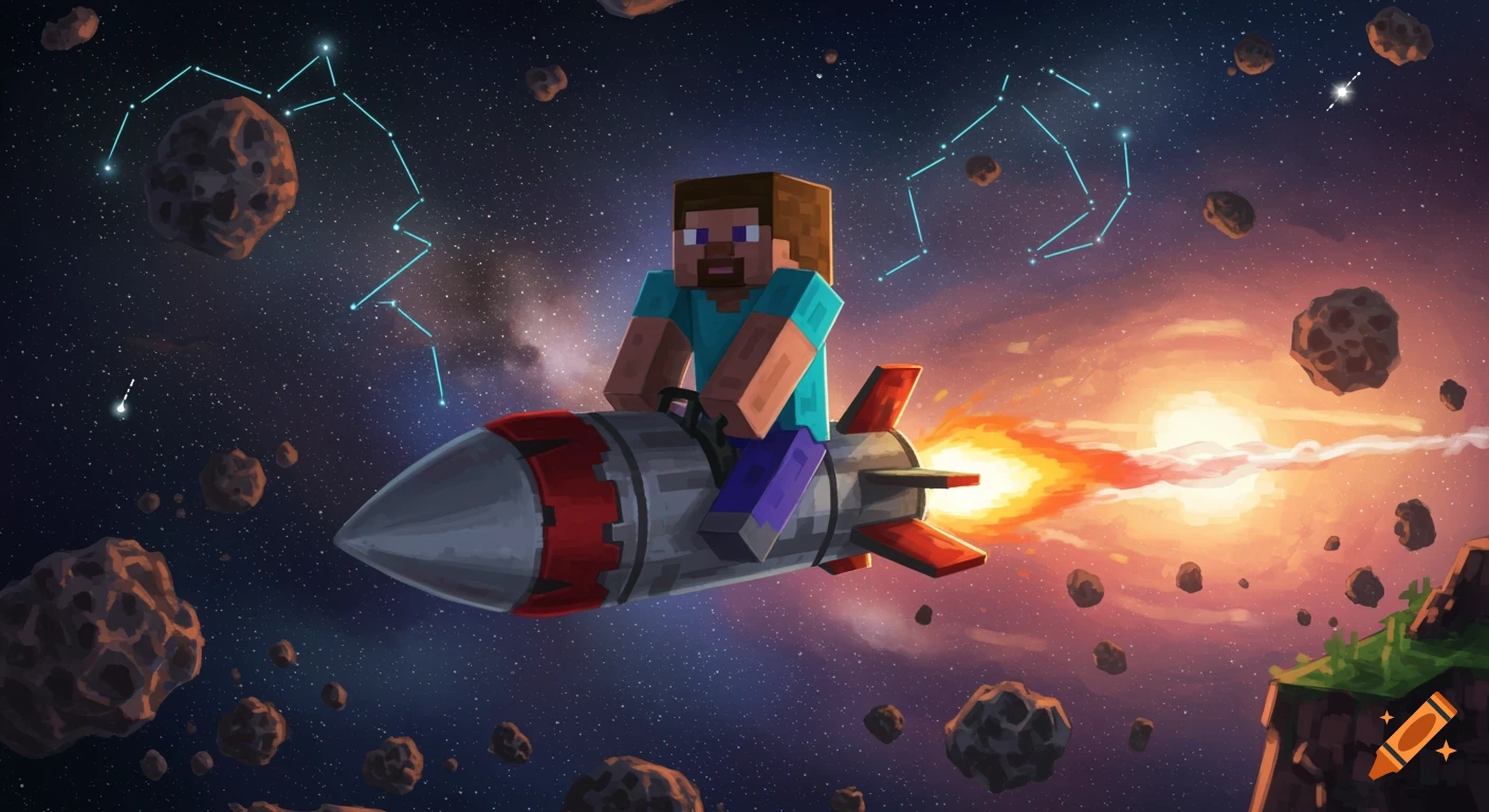 Minecraft Steve rides a rocket through space among asteroids and constellations with a bright star in the background.